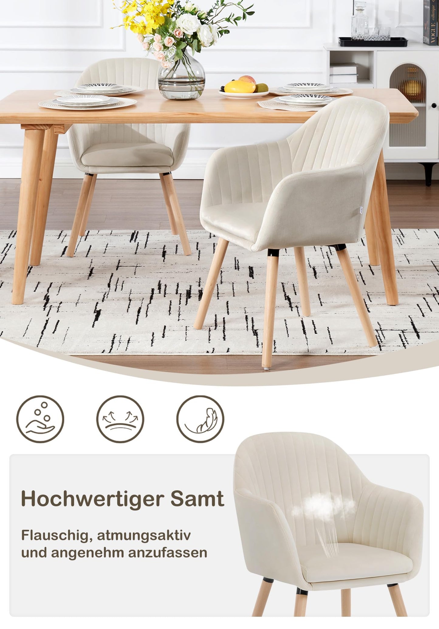 WOLTU Esszimmerstuhl Set 4 Stück, Samt Armlehnstühle Weiß